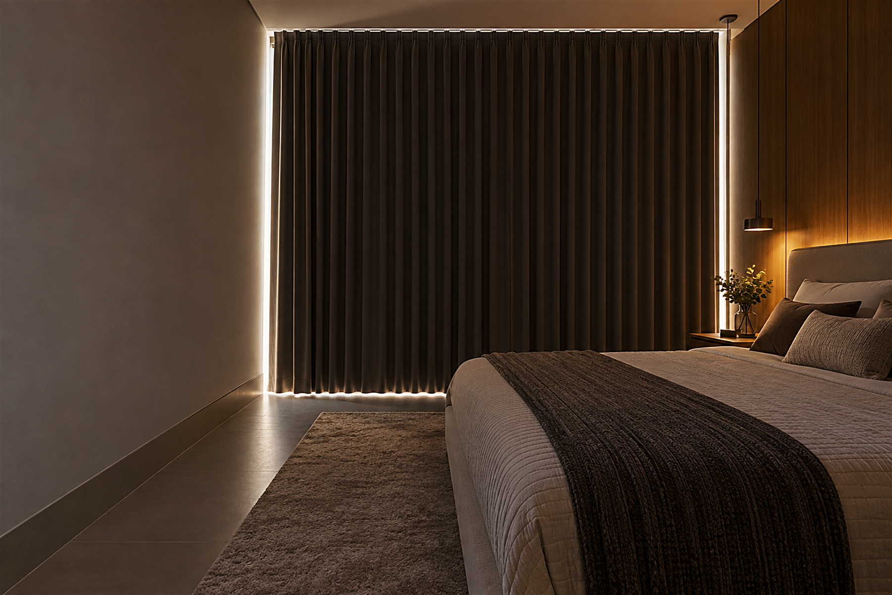 Quarto com cortina blackout fechada e a luz do dia contornando só as bordas - Teófilo Decor