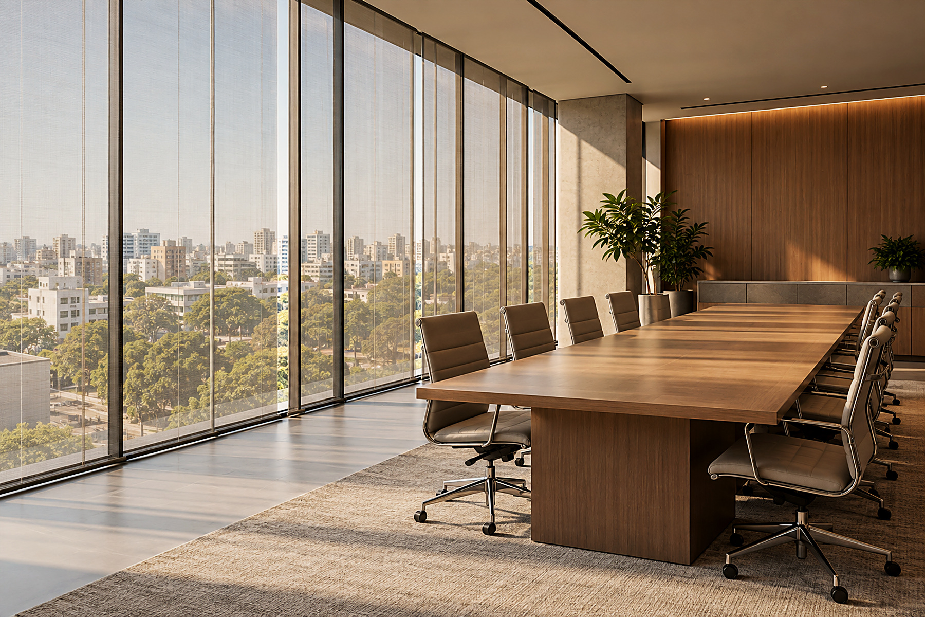 Sala de reunião com tela solar cobrindo a fachada envidraçada - Teófilo Decor