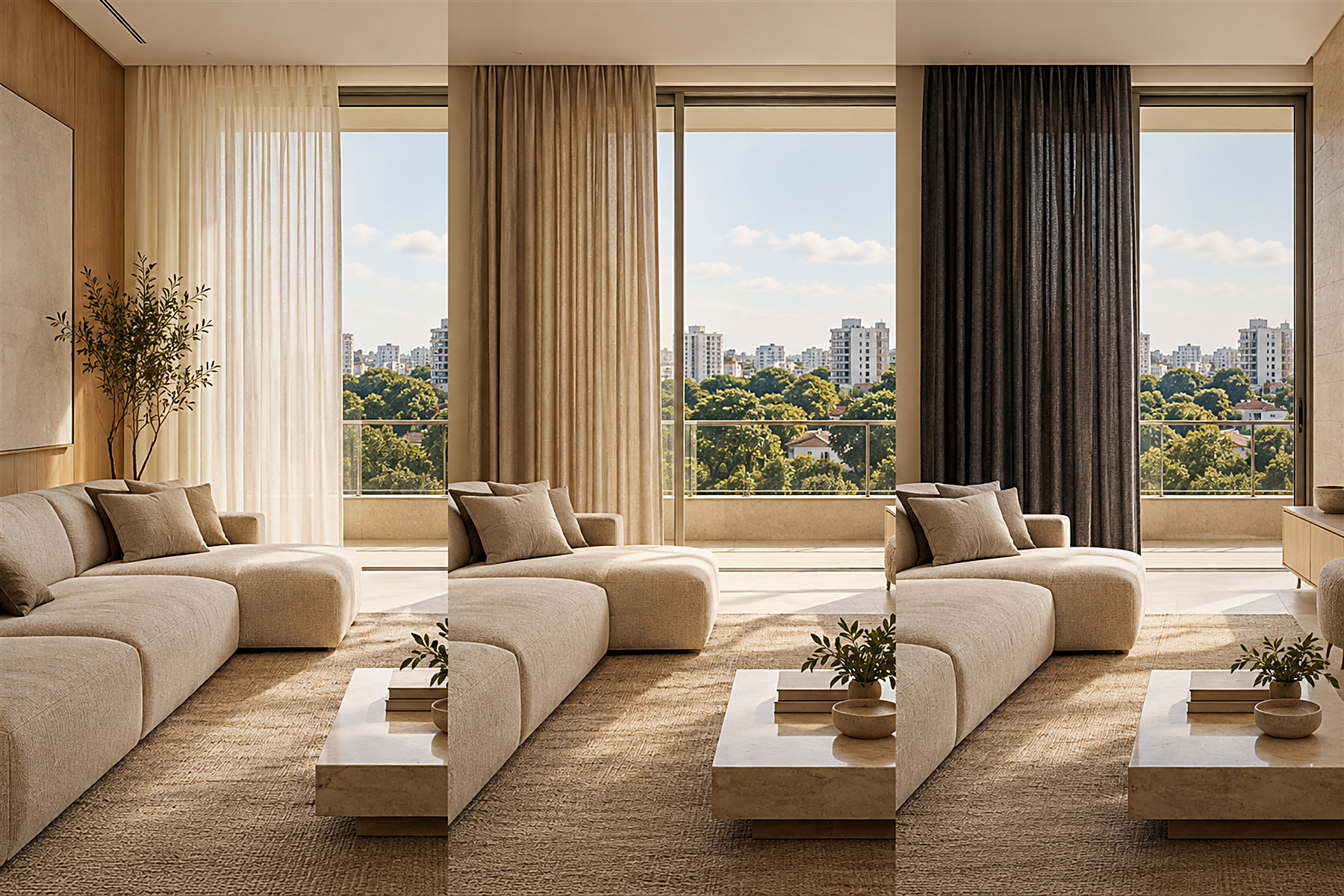 Três tecidos diferentes comparados no mesmo vão da mesma sala - Teófilo Decor