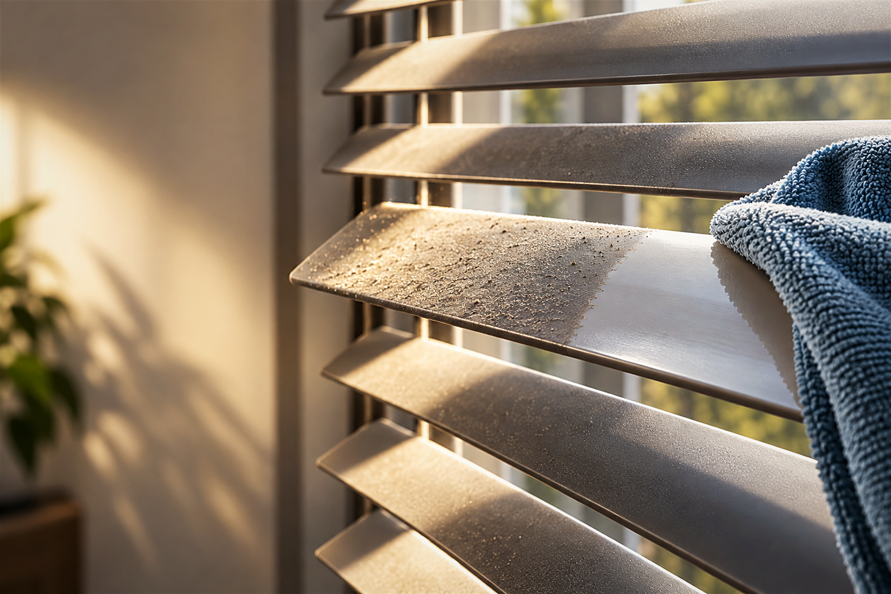 Lâmina de persiana horizontal com metade limpa e metade empoeirada, e o pano ao lado - Teófilo Decor