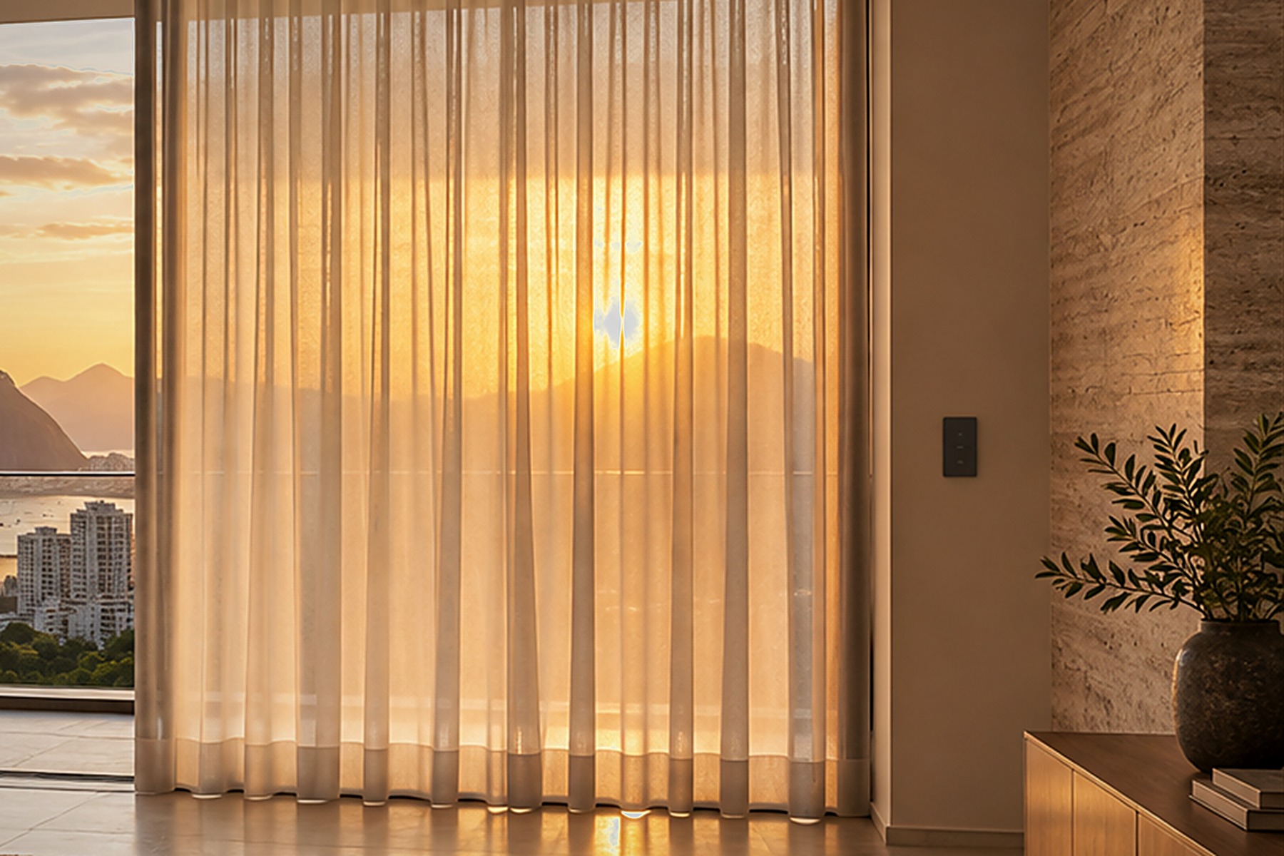 Cortina motorizada com o acionamento de parede - Teófilo Decor