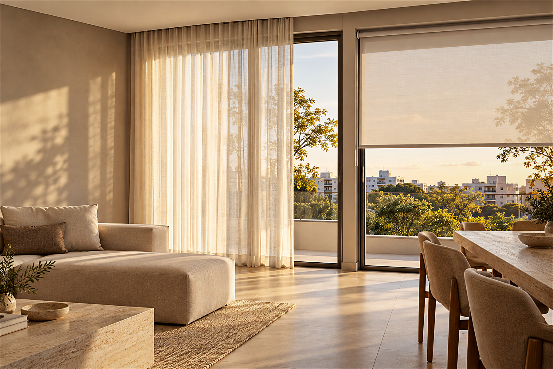 Sala de estar com cortina de linho e persiana rolo na luz de fim de tarde - Teófilo Decor