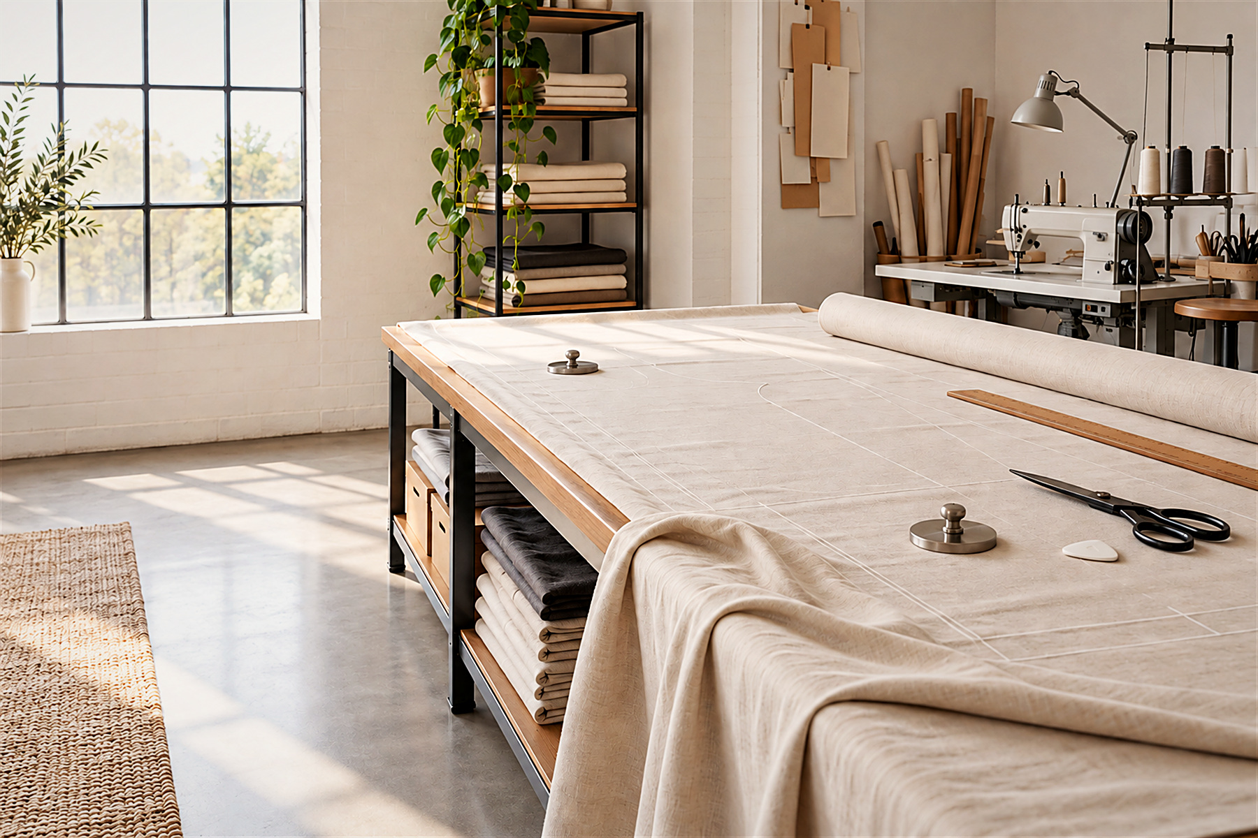 Mesa de corte do ateliê com o tecido estendido e a máquina de costura ao fundo - Teófilo Decor