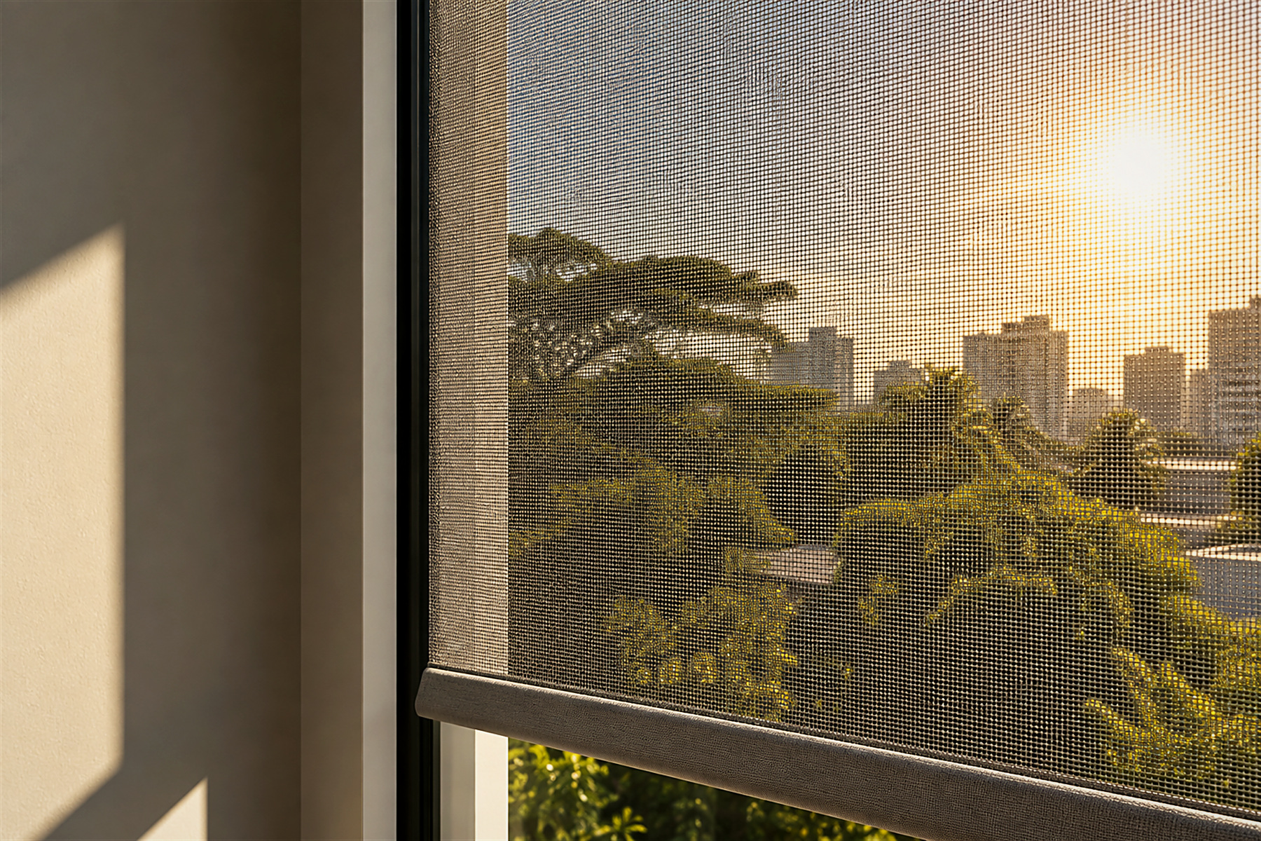 Tela solar com a vegetação e o sol atravessando a trama - Teófilo Decor