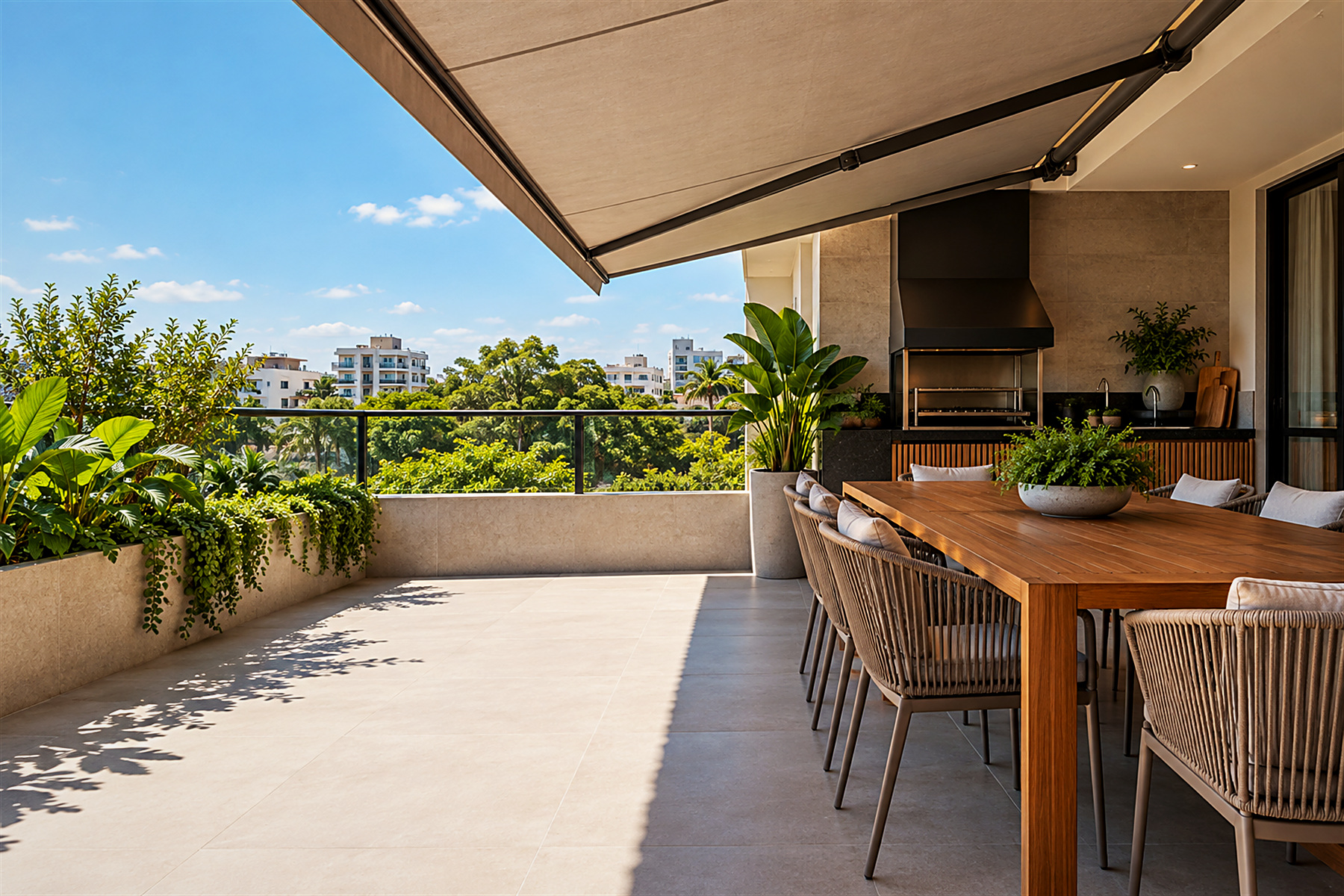 Varanda com toldo retrátil de braços articulados sobre a mesa de jantar - Teófilo Decor