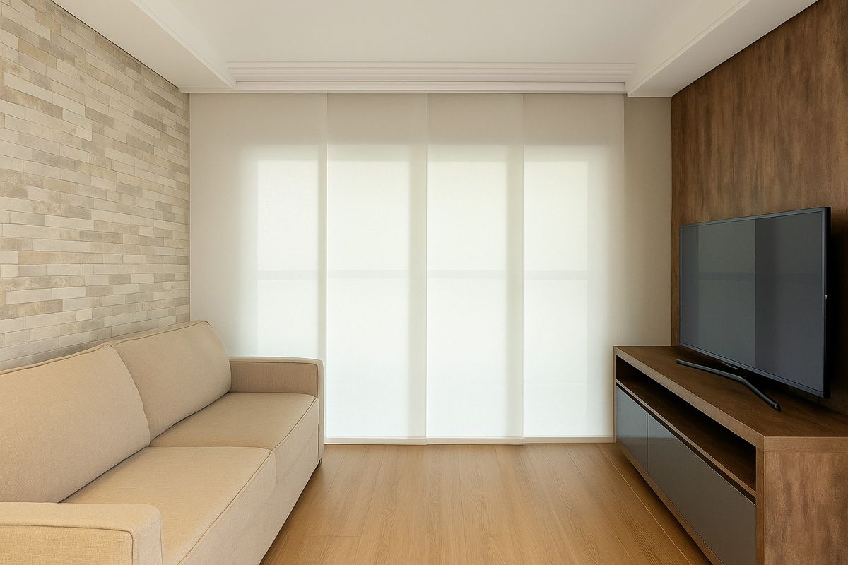 Cortina painel sob medida em sala com pé-direito alto - Teófilo Decor