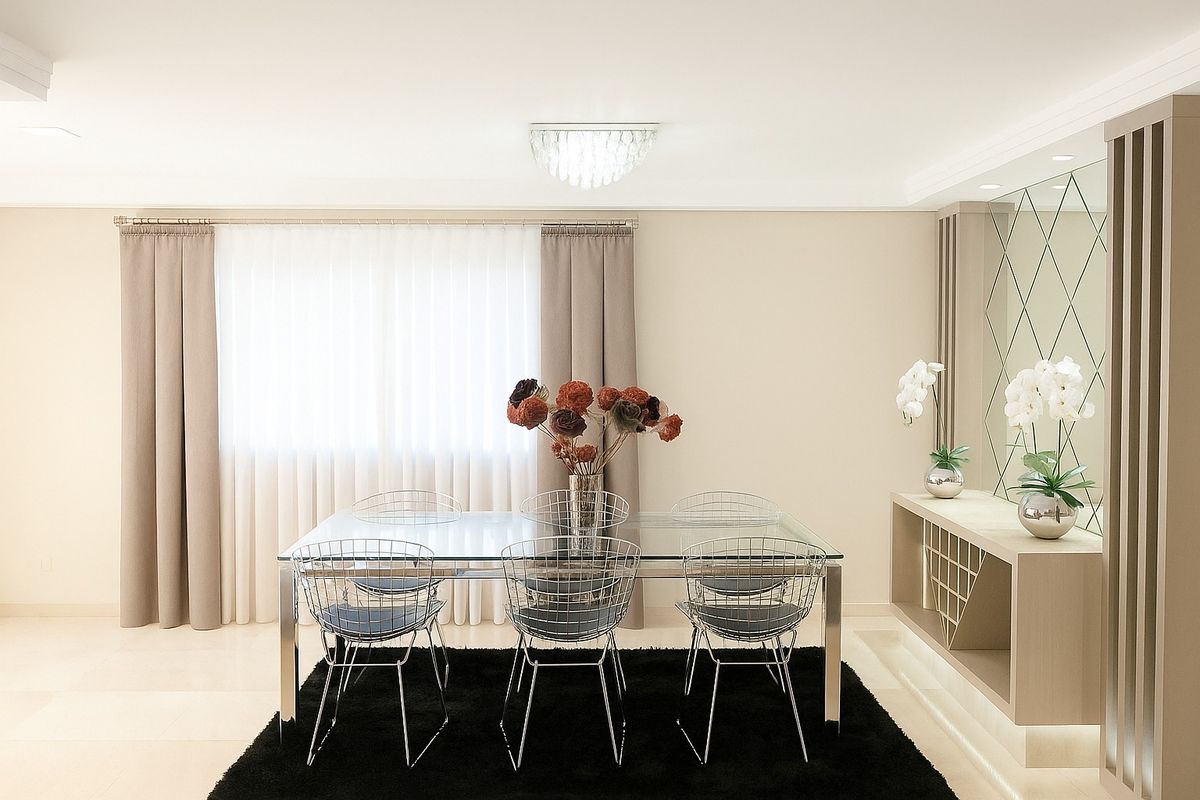 Cortina de tecido prega macho com voil e laterais em linho, sob medida em sala de jantar - Teófilo Decor